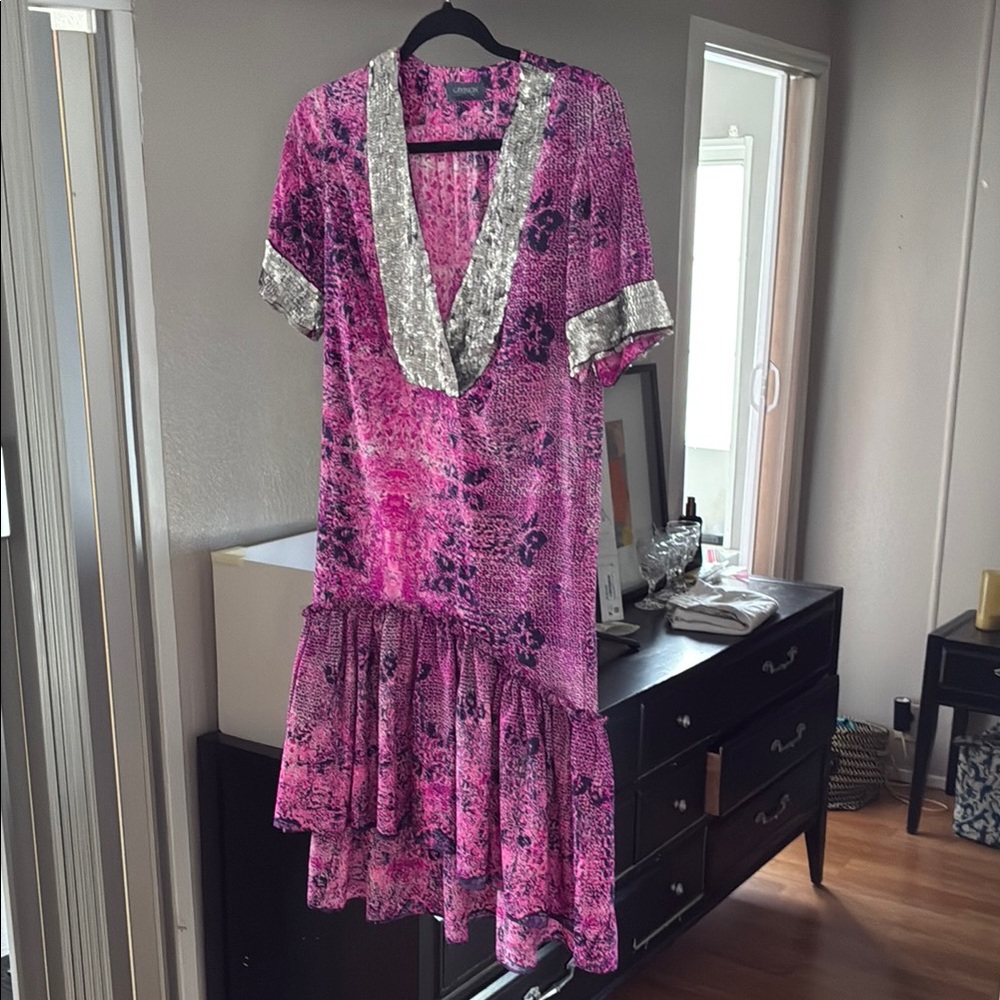 Gryphon Pink Flutter Sleeve High Low Sundress with Silver Sequins